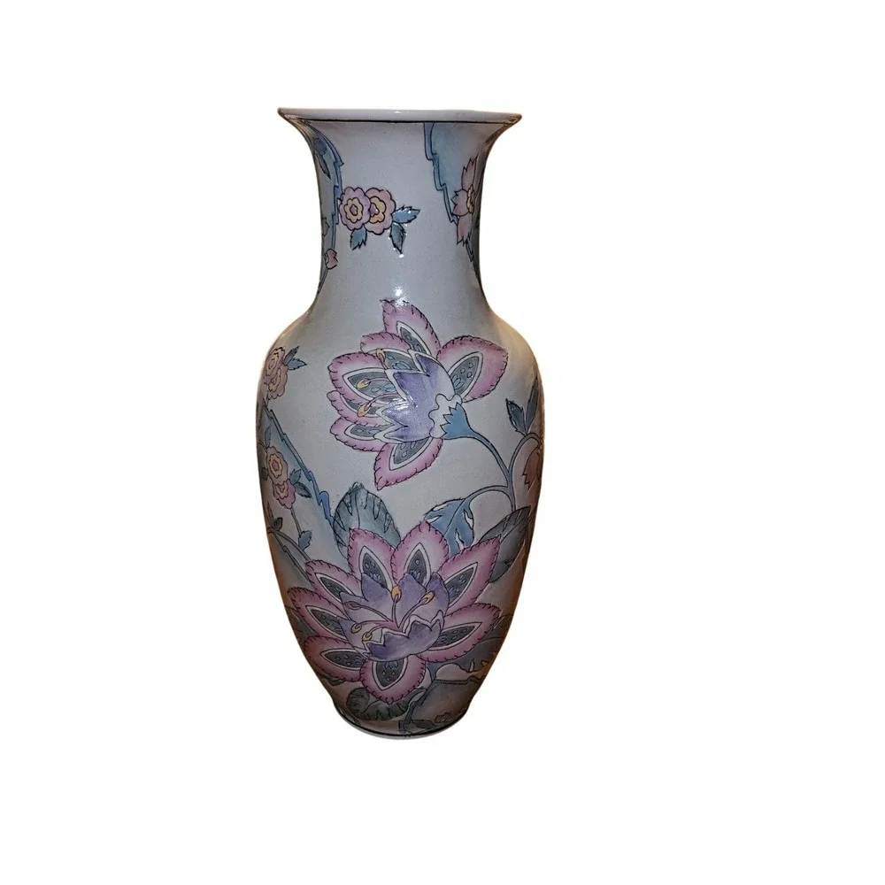 Vintage 1980s WBI Chinese Porcelain Floral Vase Pink Blue 12‎ Inch Baluster